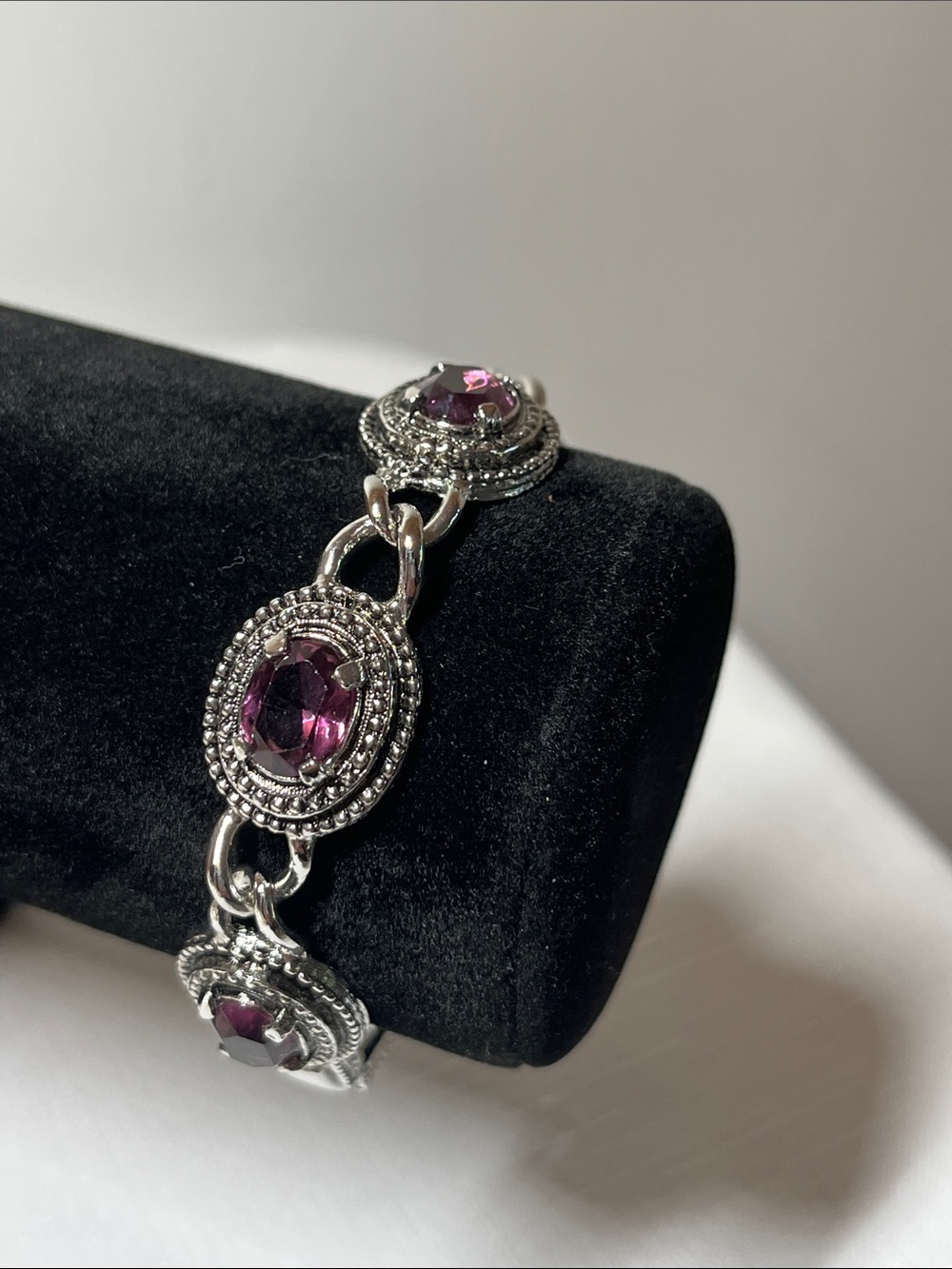 Vintage Sarah Coventry tennis bracelet with purple crystals